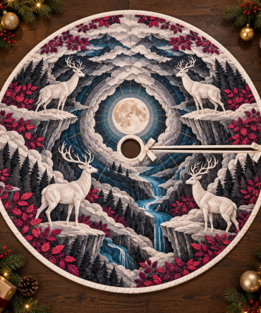 Studio-Ready Moonlit White Stag Tree Skirt — Minimalist Holiday Base With Refined Stag Design, Perfect For Creative Spaces