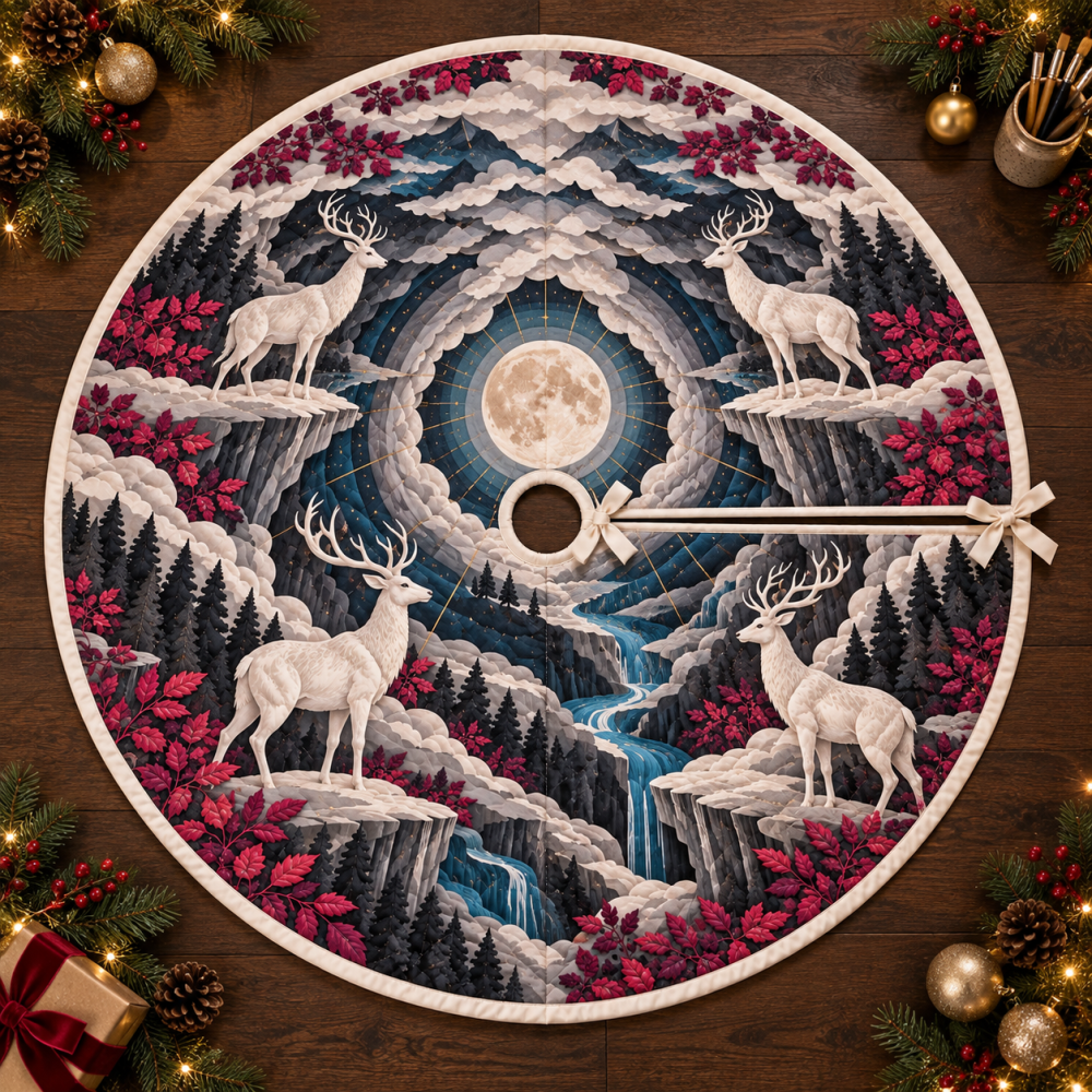 Studio-Ready Moonlit White Stag Tree Skirt — Minimalist Holiday Base With Refined Stag Design, Perfect For Creative Spaces