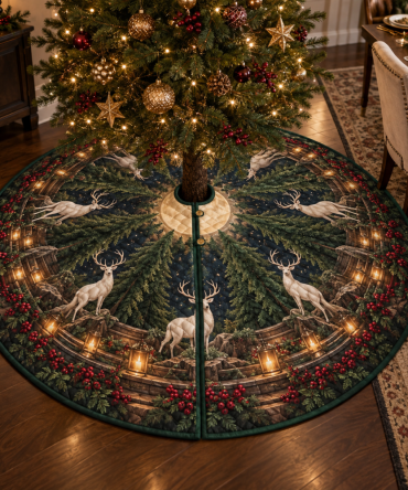Moonlit White Stag Holiday Tree Skirt — Elegant Host Gift & Classic Seasonal Floor Accent With Regal Stag Motif