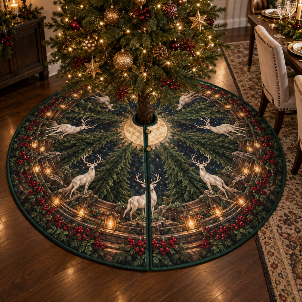Moonlit White Stag Holiday Tree Skirt — Elegant Host Gift & Classic Seasonal Floor Accent With Regal Stag Motif