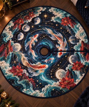 Cozy Celestial Koi Bedroom Tree Skirt — Soft Plush Holiday Accent For Bedside Trees, Subtle Nighttime Ambiance & Easy Care
