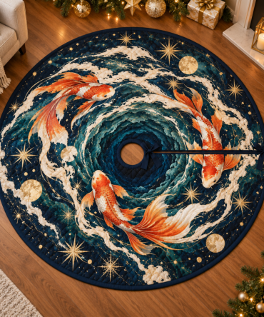Luxury Celestial Koi Living Room Tree Skirt — Plush Holiday Floor Accent With Intricate Koi & Star Embroidery, Gift-Ready