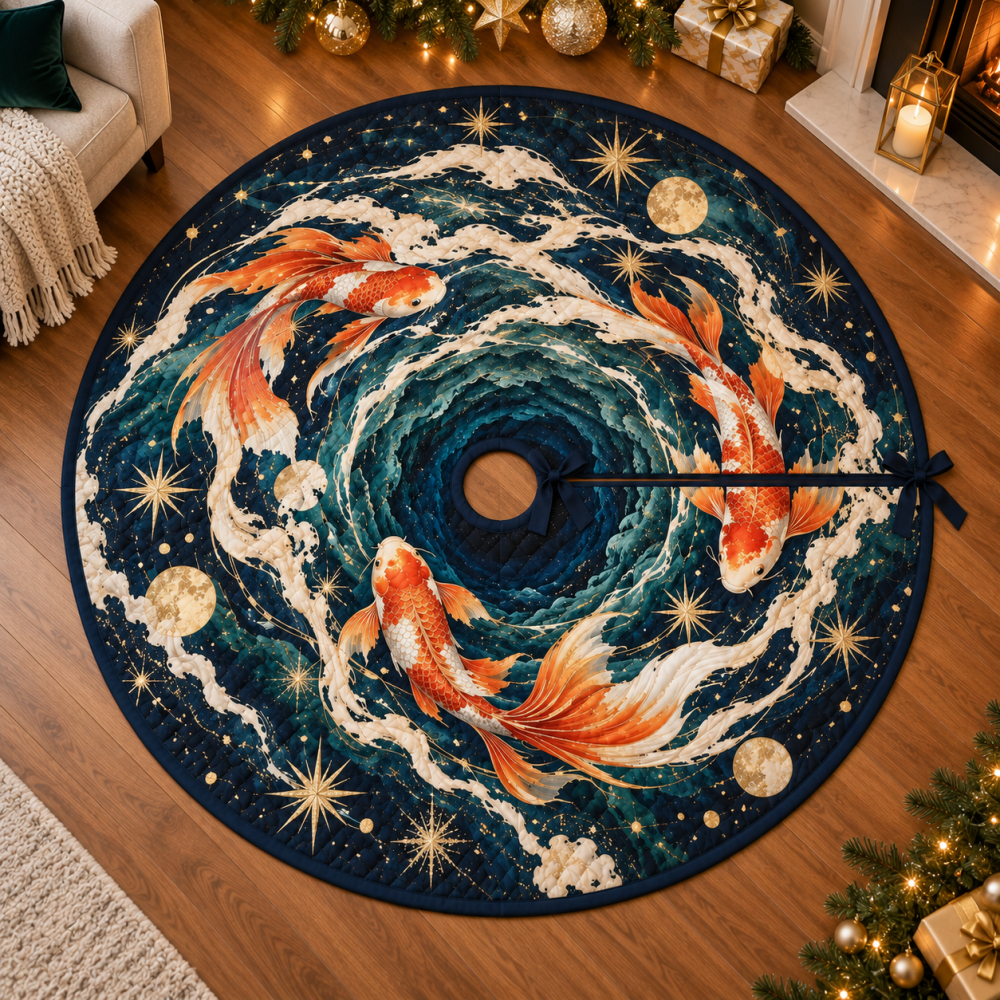 Luxury Celestial Koi Living Room Tree Skirt — Plush Holiday Floor Accent With Intricate Koi & Star Embroidery, Gift-Ready