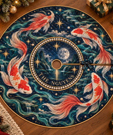 Personalized Celestial Koi Christmas Tree Skirt - Custom Embroidery Option To Add Name & Date For A Cherished Holiday Heirloom