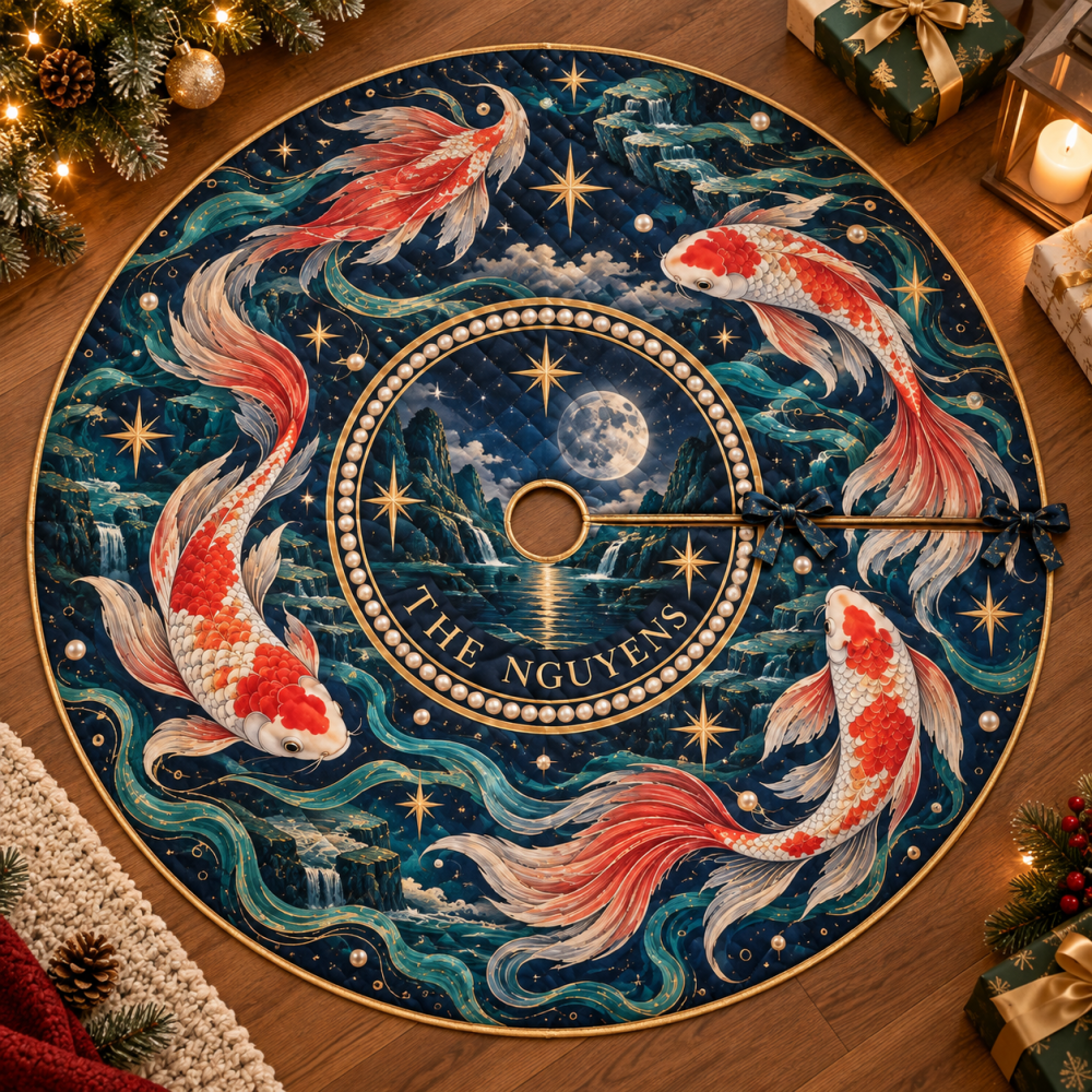 Personalized Celestial Koi Christmas Tree Skirt - Custom Embroidery Option To Add Name & Date For A Cherished Holiday Heirloom