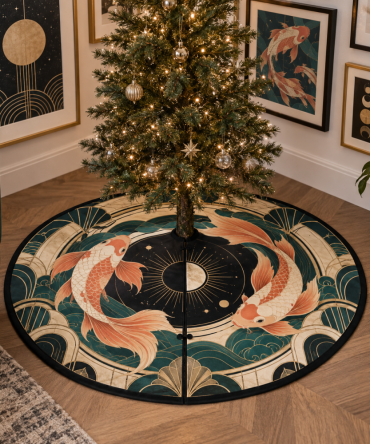 Artful Celestial Koi Christmas Tree Skirt - Gallery-Ready Holiday Accent To Complement Prints, Frames & Curated Interiors
