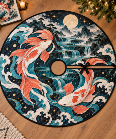Studio-Friendly Celestial Koi Christmas Tree Skirt - Artistic Holiday Base, Durable & Washable For Creative Spaces And Photo Shoots