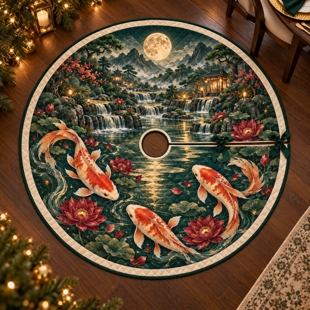 Celestial Koi Christmas Tree Skirt - Elegant Host Gift With Artistic Koi Design, Gift-Ready Holiday Accent For Entertaining