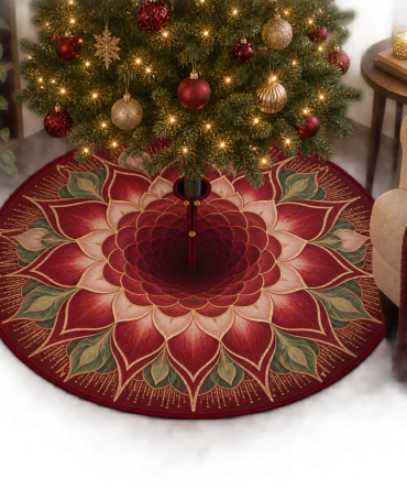 Serene Red Lotus Mandala Christmas Tree Skirt - Cozy Holiday Base For Reading Nooks, Book Corners & Quiet Winter Moments