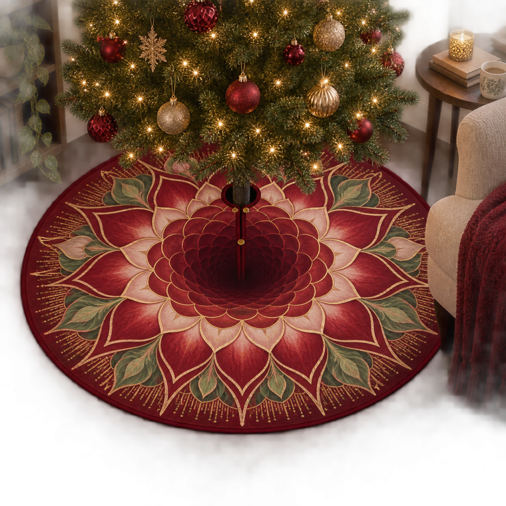 Serene Red Lotus Mandala Christmas Tree Skirt - Cozy Holiday Base For Reading Nooks, Book Corners & Quiet Winter Moments