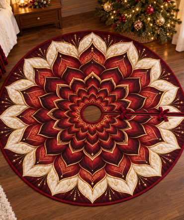 Cozy Red Lotus Mandala Christmas Tree Skirt - Soft Plush Holiday Tree Base For Bedrooms, Guest Rooms & Intimate Spaces