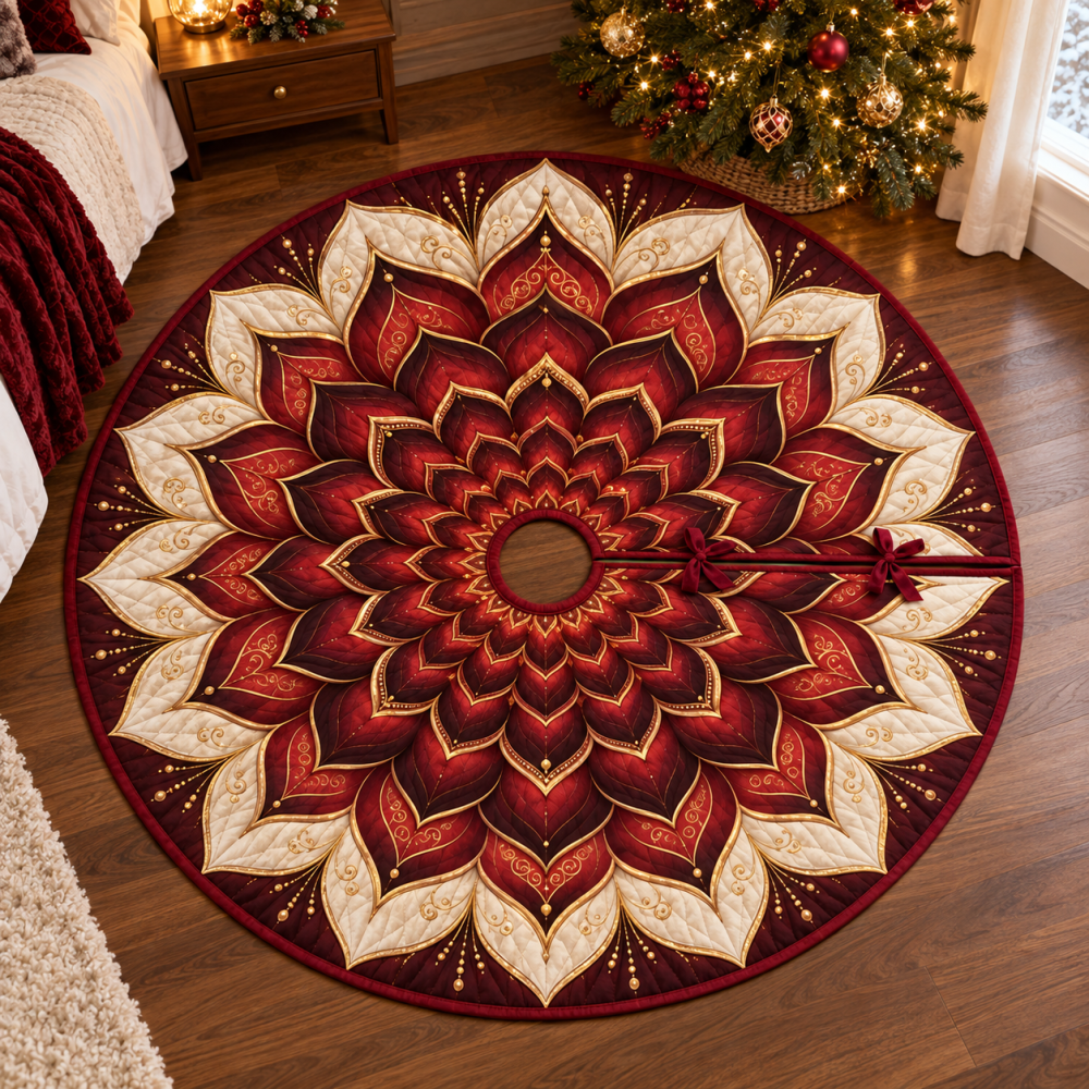 Cozy Red Lotus Mandala Christmas Tree Skirt - Soft Plush Holiday Tree Base For Bedrooms, Guest Rooms & Intimate Spaces