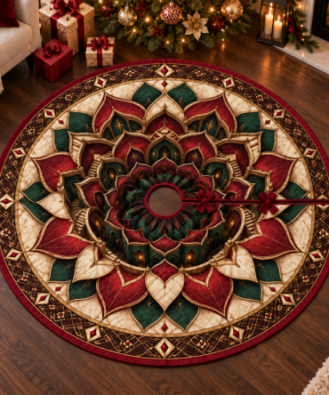 Statement Red Lotus Mandala Christmas Tree Skirt - Luxury Holiday Centerpiece For Living Rooms, Sofasides & Open Floor Plans