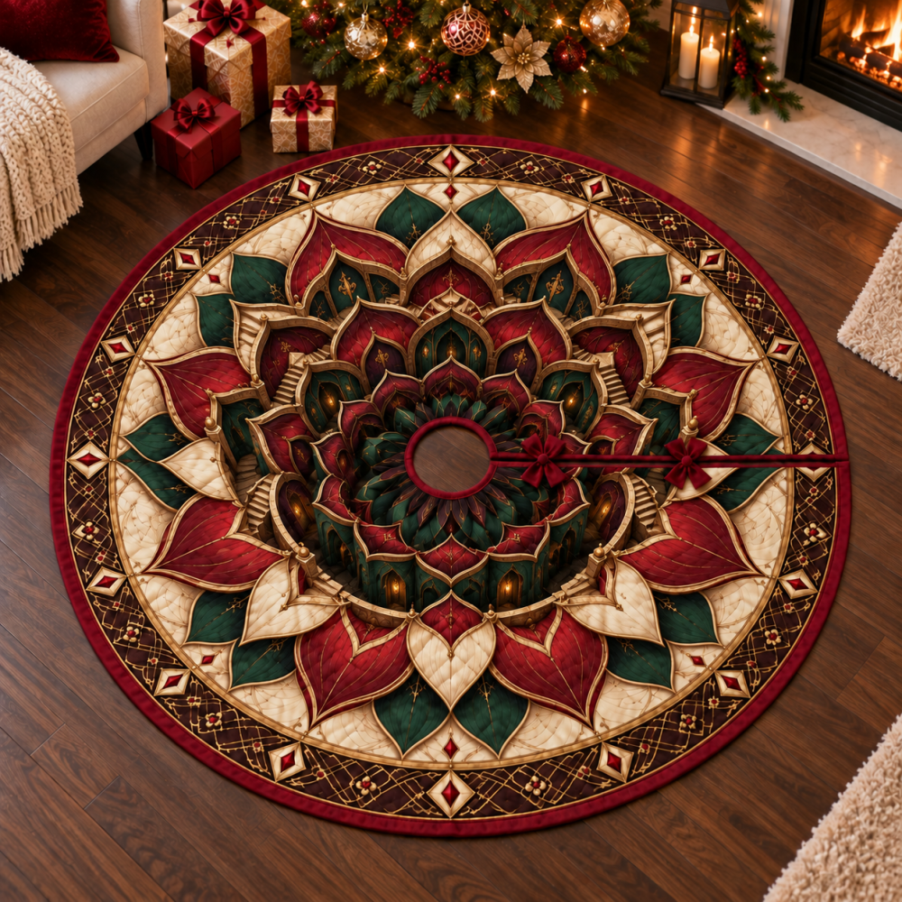 Statement Red Lotus Mandala Christmas Tree Skirt - Luxury Holiday Centerpiece For Living Rooms, Sofasides & Open Floor Plans