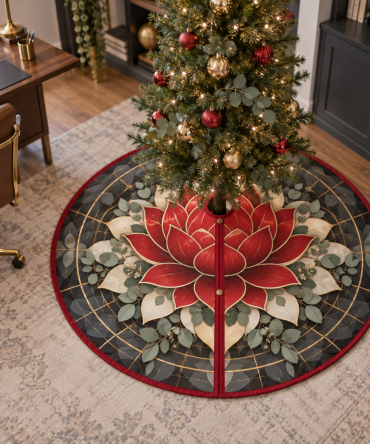 Red Lotus Mandala Christmas Tree Skirt For Home Office - Professional, Low-Profile Plush Base For Holiday Workspaces & Desks