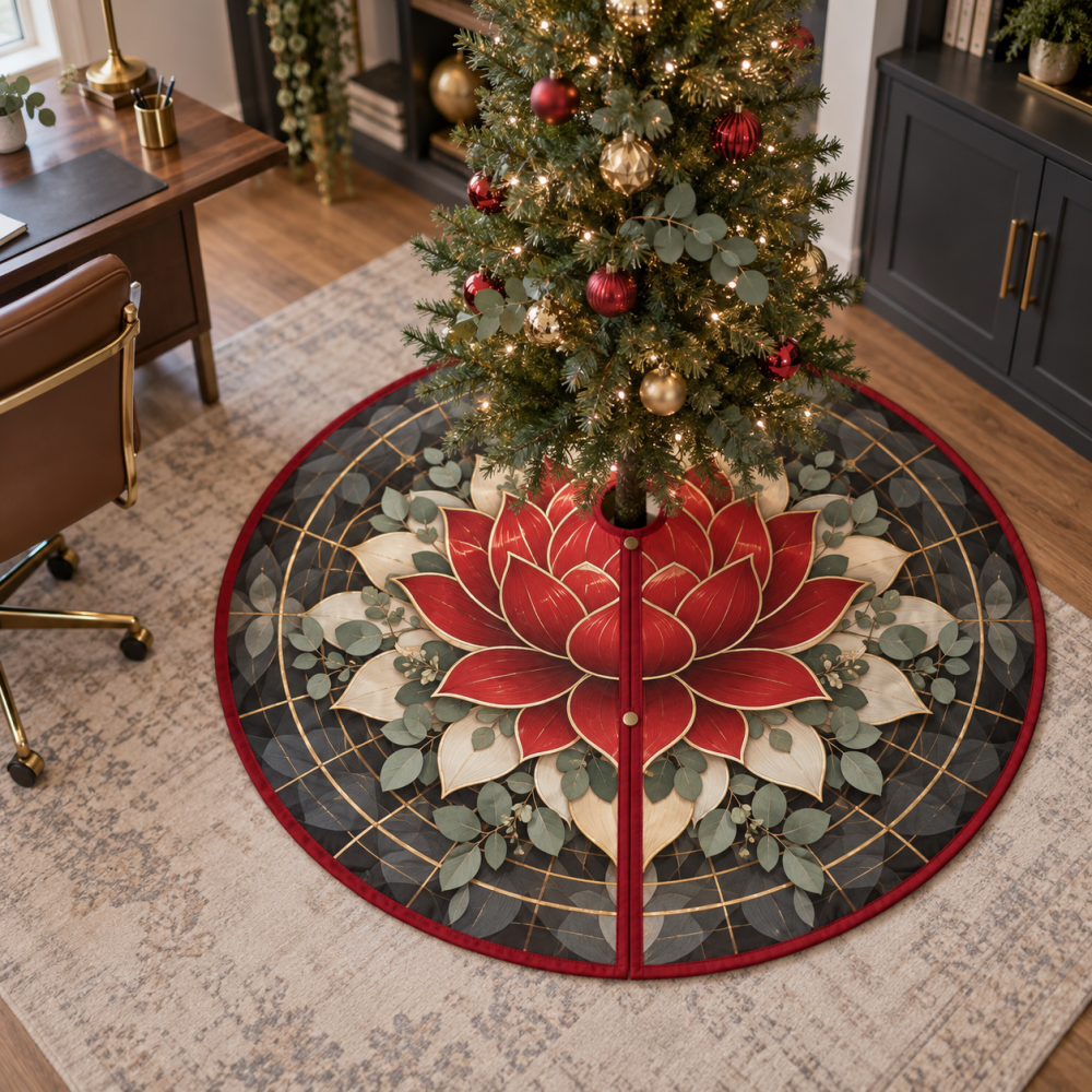 Red Lotus Mandala Christmas Tree Skirt For Home Office - Professional, Low-Profile Plush Base For Holiday Workspaces & Desks