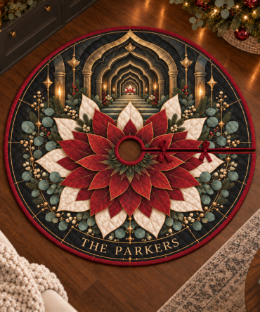 Custom Red Lotus Mandala Christmas Tree Skirt - Personalized Embroidered Holiday Base, Add Name & Year For A Unique Gift