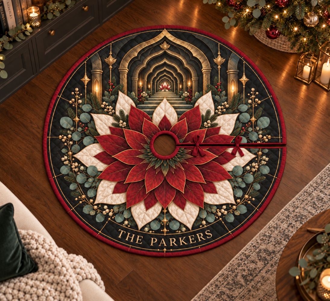 Custom Red Lotus Mandala Christmas Tree Skirt - Personalized Embroidered Holiday Base, Add Name & Year For A Unique Gift