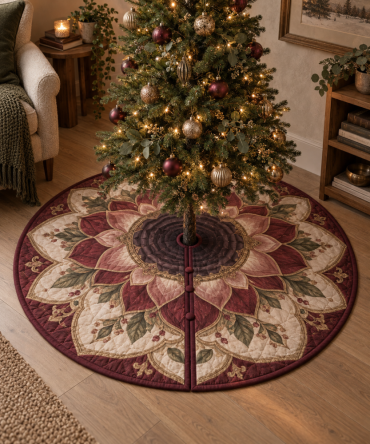 Calming Red Lotus Mandala Christmas Tree Skirt - Soft Neutral Holiday Base For Quiet Corners, Meditation Spaces & Cozy Retreats
