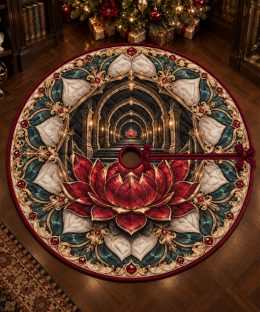 Limited Edition Red Lotus Mandala Christmas Tree Skirt - Collector'S Holiday Gift & Birthday Keepsake With Premium Craftsmanship