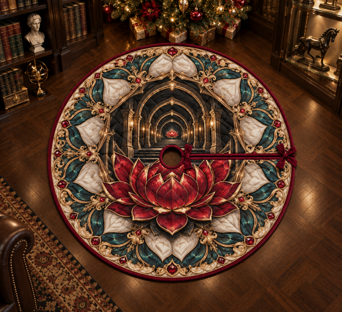 Limited Edition Red Lotus Mandala Christmas Tree Skirt - Collector'S Holiday Gift & Birthday Keepsake With Premium Craftsmanship