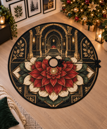 Designer Red Lotus Mandala Christmas Tree Skirt - Elegant Holiday Base Accent To Complement Gallery Walls & Art-Focused Interiors