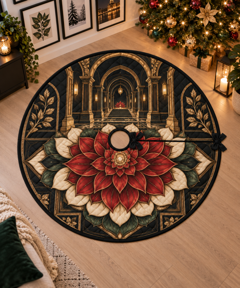 Designer Red Lotus Mandala Christmas Tree Skirt - Elegant Holiday Base Accent To Complement Gallery Walls & Art-Focused Interiors