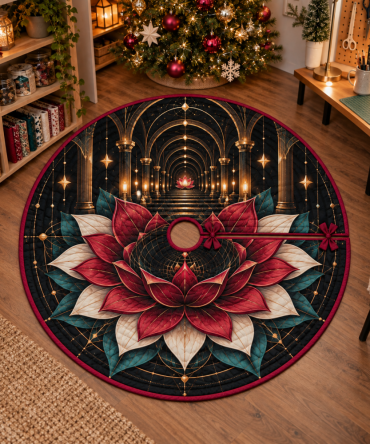 Premium Red Lotus Mandala Christmas Tree Skirt - Soft Plush Holiday Base Accent For Hobby Studios & Creative Craft Rooms