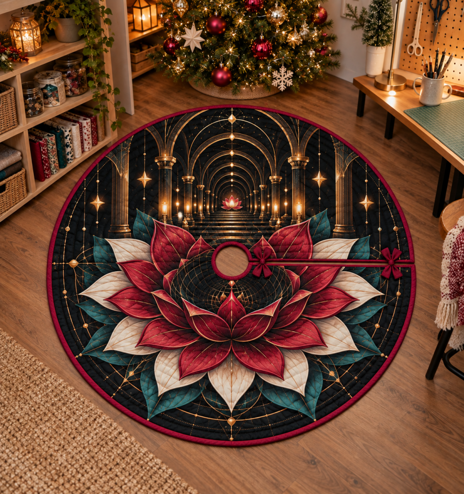 Premium Red Lotus Mandala Christmas Tree Skirt - Soft Plush Holiday Base Accent For Hobby Studios & Creative Craft Rooms