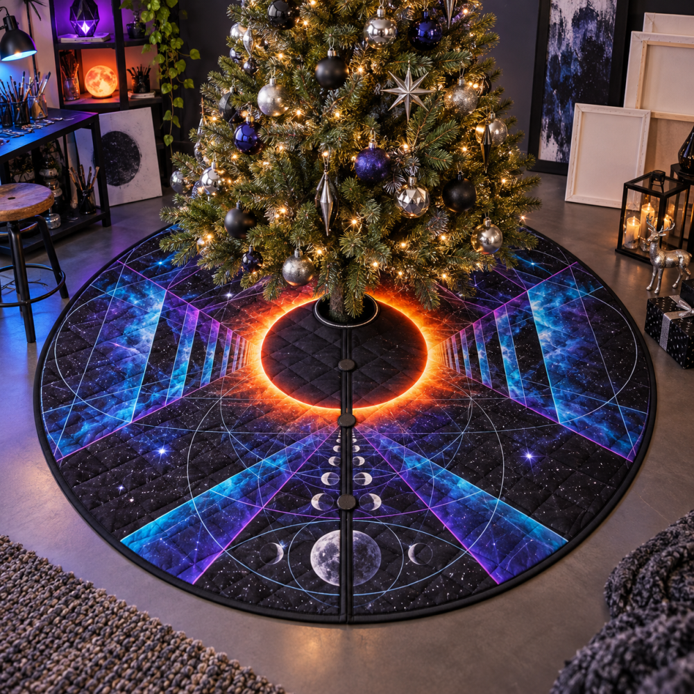Lunar Eclipse Christmas Tree Skirt For Hobby Studios — Artistic Lunar Motif, Durable Cotton Blend, Creative Space Accent