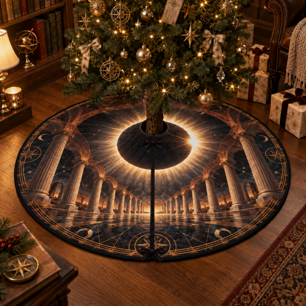 Cozy Solar Eclipse Christmas Tree Skirt For Reading Nooks — Plush Velvet, Subtle Celestial Design, Warm Holiday Accent