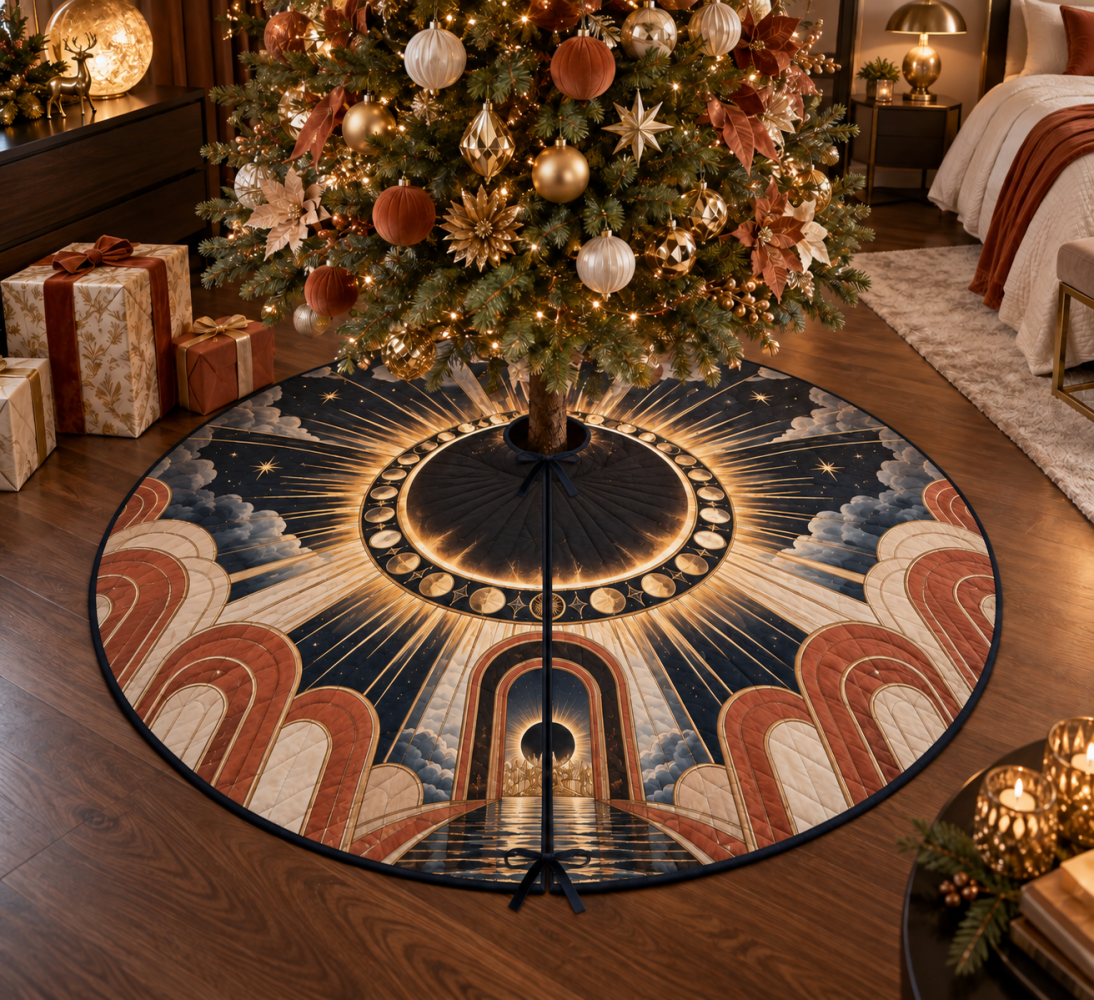 Statement Solar Eclipse Christmas Tree Skirt For Bedrooms — Elegant Velvet, Celestial Accent, Soft Holiday Floor Cover