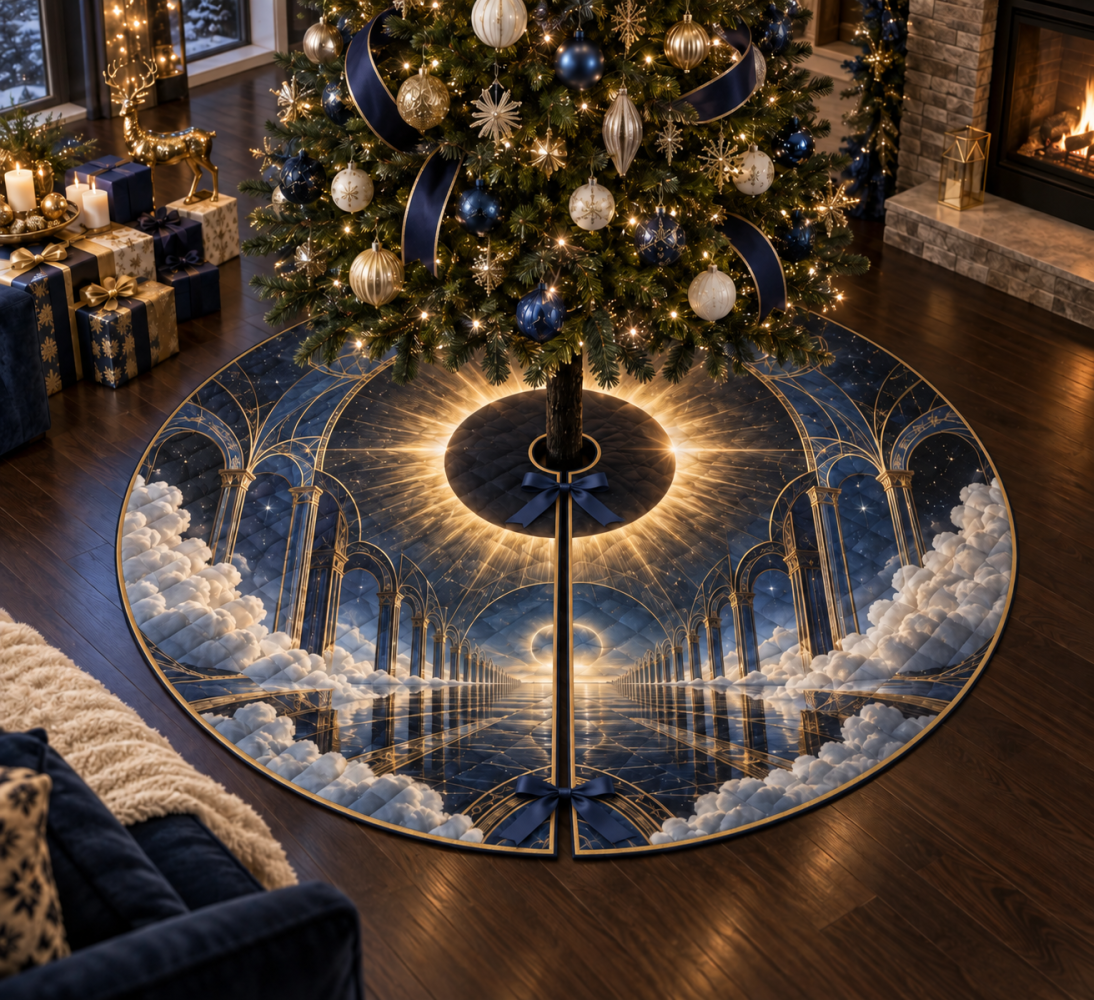 Stylish Solar Eclipse Christmas Tree Skirt For Living Rooms — Soft Velvet, Modern Space Motif, Cozy Holiday Centerpiece