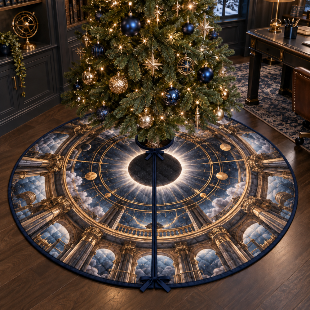 Premium Solar Eclipse Christmas Tree Skirt For Executive Offices — Luxe Velvet, Minimal Planetary Design, Professional Holiday Décor