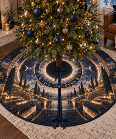 Personalized Solar Eclipse Holiday Tree Skirt — Custom Name & Date On 60-Inch Premium Fabric For Unique Seasonal Keepsakes