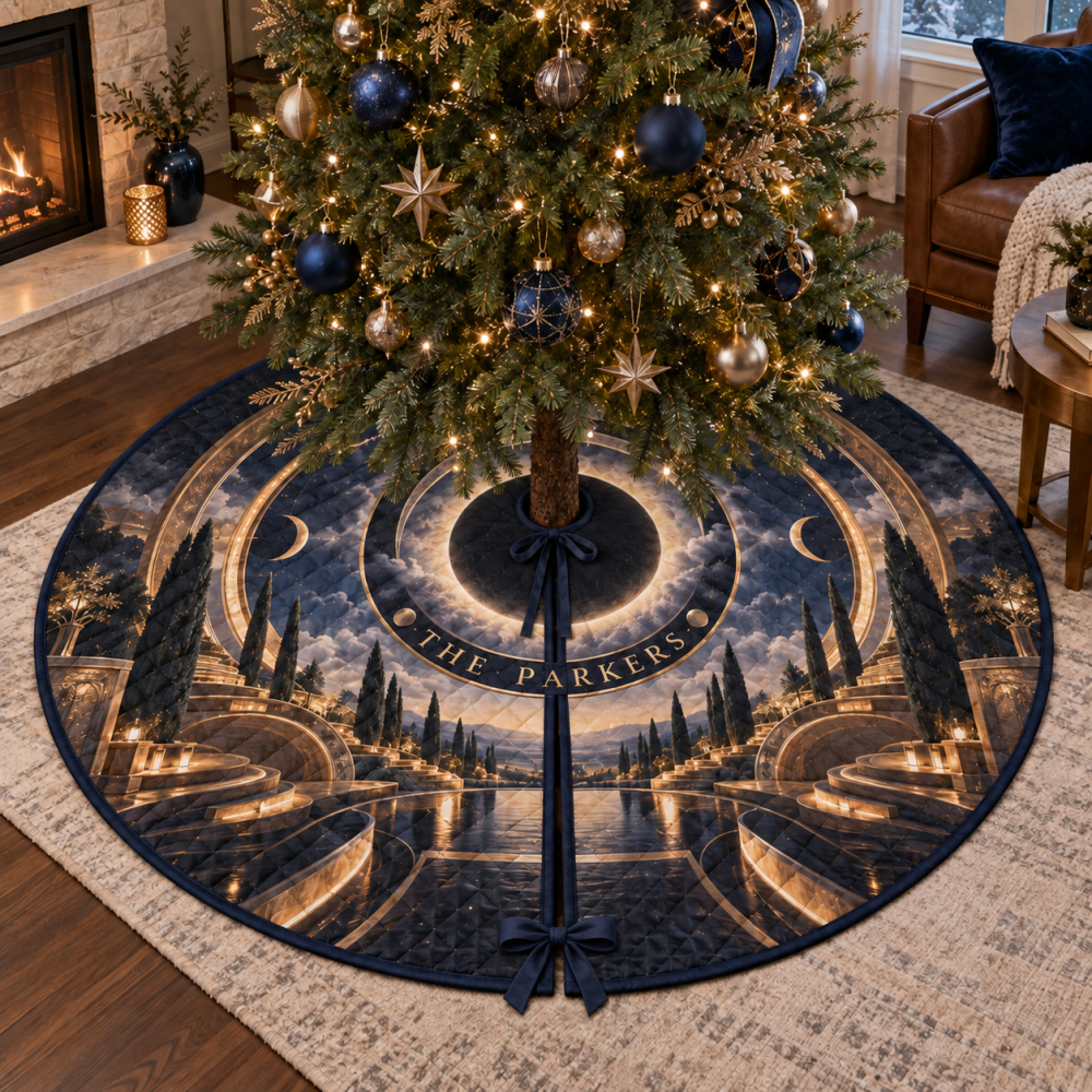 Personalized Solar Eclipse Holiday Tree Skirt — Custom Name & Date On 60-Inch Premium Fabric For Unique Seasonal Keepsakes