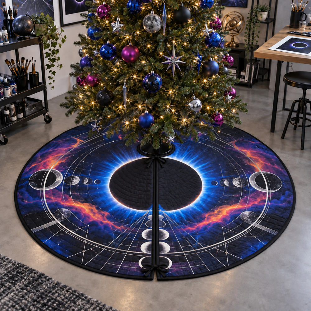 Solar Eclipse Hobby Studio Tree Skirt — Space Event Décor For Creative Workspaces, 60-Inch Customizable Holiday Mat