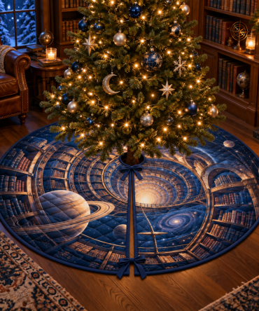 Reading Nook Cosmic Tree Skirt — Ringed Planet 60-Inch Holiday Mat For Book Corners, Cozy Spaces & Literary Gifts