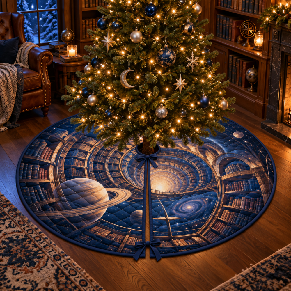Reading Nook Cosmic Tree Skirt — Ringed Planet 60-Inch Holiday Mat For Book Corners, Cozy Spaces & Literary Gifts