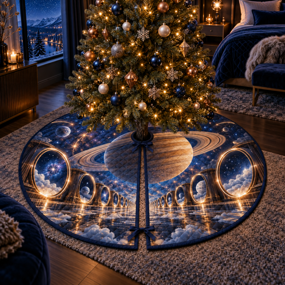 Bedroom Statement Ringed Planet Tree Skirt — Luxe Holiday Accent For Master & Guest Bedrooms, Personalized Option Available