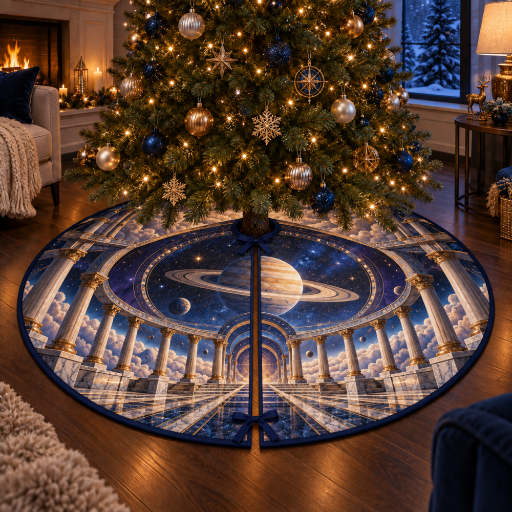 Living Room Focal Point Tree Skirt — Dramatic Ringed Planet Holiday Centerpiece In Luxe 60-Inch Velvet For Modern Living Spaces