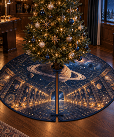 Home Office Space Backdrop Tree Skirt — Ringed Planet Holiday Décor For Desks, Video Calls & Professional Workspaces, 60-Inch
