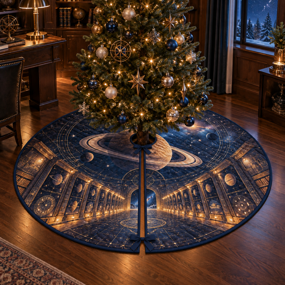 Home Office Space Backdrop Tree Skirt — Ringed Planet Holiday Décor For Desks, Video Calls & Professional Workspaces, 60-Inch