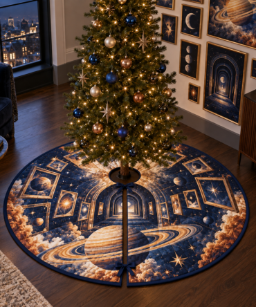 Galaxy Gallery Wall Tree Skirt — Ringed Planet 60-Inch Holiday Décor For Apartments, Wall Art Pairing & Small Space Interiors