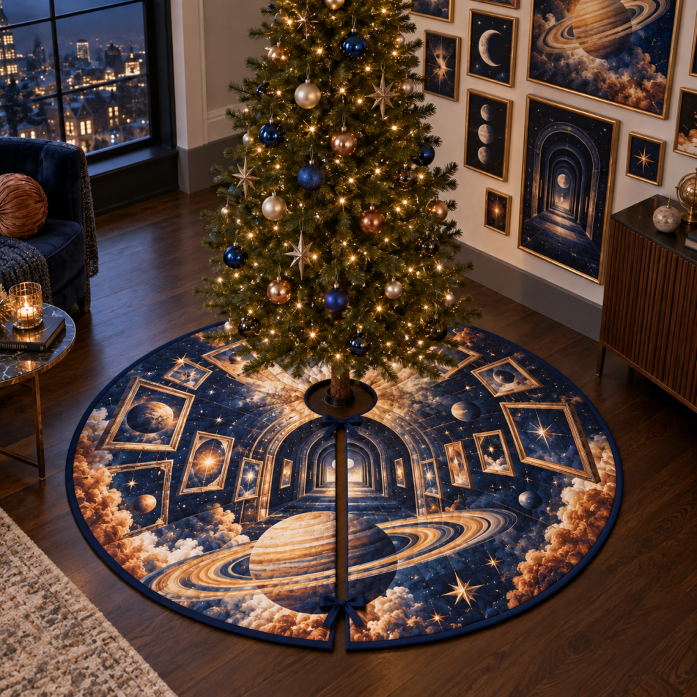 Galaxy Gallery Wall Tree Skirt — Ringed Planet 60-Inch Holiday Décor For Apartments, Wall Art Pairing & Small Space Interiors