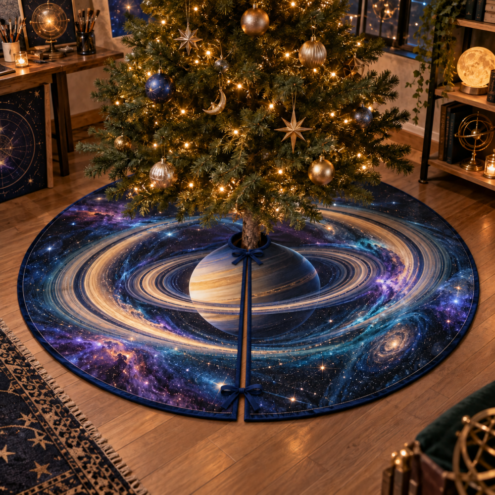 Cosmic Ringed Planet Holiday Tree Skirt — Premium 60-Inch Velvet Custom Name Décor For Hobby Studios & Space-Loving Homes