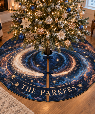 Personalized Comet Trail Housewarming Tree Skirt — Custom Name Option, Gift-Ready, Stylish Comet Design & Durable Fabric