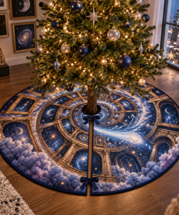 Apartment Gallery Wall Holiday Tree Skirt — Sleek Comet Trail Pattern For Small Living Spaces, Photo-Ready & Washable