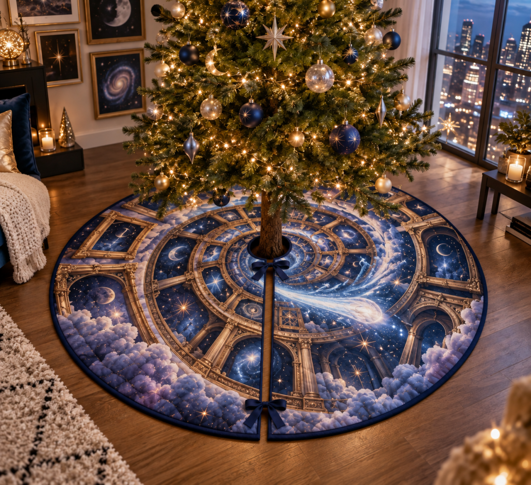Apartment Gallery Wall Holiday Tree Skirt — Sleek Comet Trail Pattern For Small Living Spaces, Photo-Ready & Washable