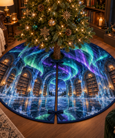 Reading Nook Holiday Tree Skirt — Compact Northern Lights Print For Cozy Corners, Soft Fabric, Easy Fit & Care